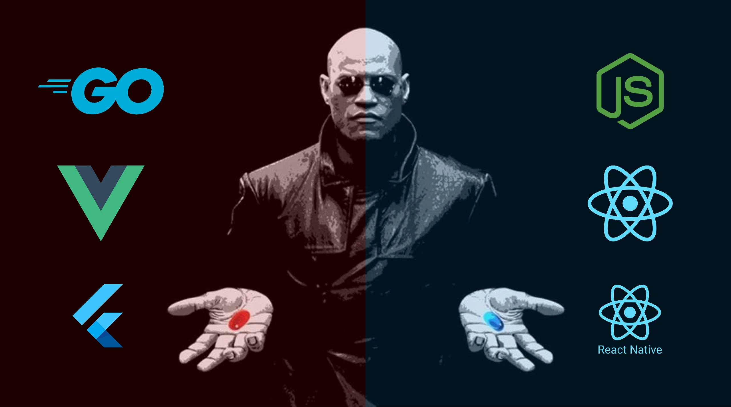 Morpheus offering a red pill for Go, Vue, and Flutter; and a blue pill for Node, React, and React Native.